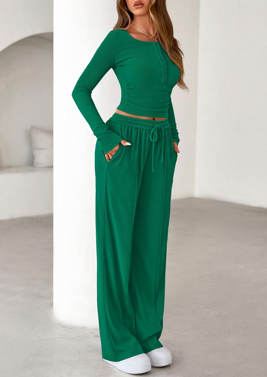 imagePRETTYGARDEN Womens 2026 Fall Trendy 2 Piece Outfits Lounge Sets Long Sleeve Top Henley Shirts Wide Leg Pants Travel ClothesGreen