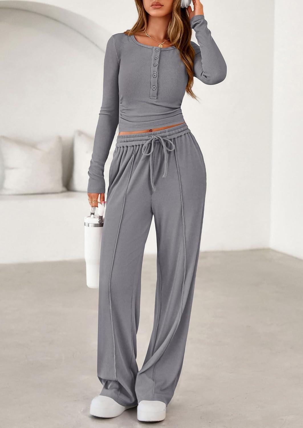 imagePRETTYGARDEN Womens 2026 Fall Trendy 2 Piece Outfits Lounge Sets Long Sleeve Top Henley Shirts Wide Leg Pants Travel ClothesGrey