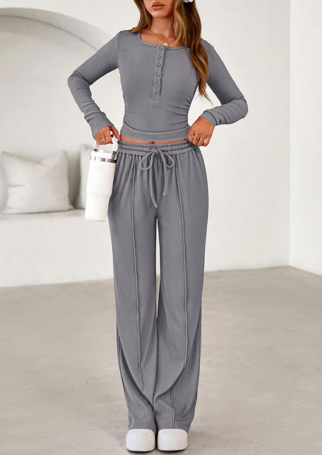 imagePRETTYGARDEN Womens 2026 Fall Trendy 2 Piece Outfits Lounge Sets Long Sleeve Top Henley Shirts Wide Leg Pants Travel ClothesGrey