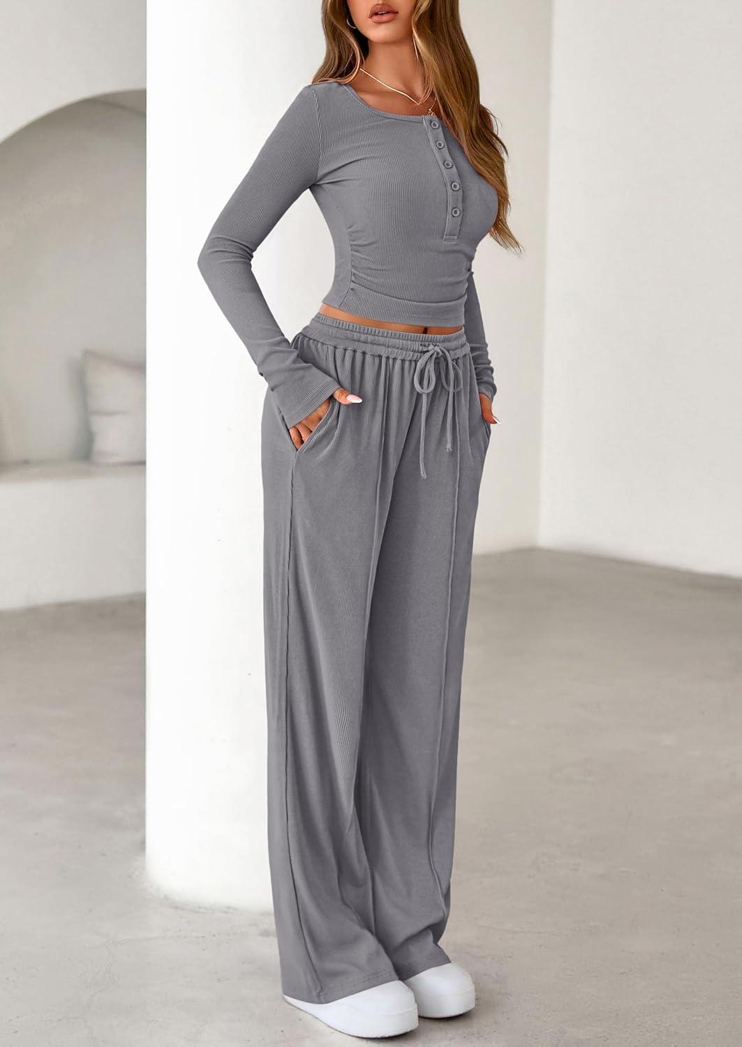 imagePRETTYGARDEN Womens 2026 Fall Trendy 2 Piece Outfits Lounge Sets Long Sleeve Top Henley Shirts Wide Leg Pants Travel ClothesGrey