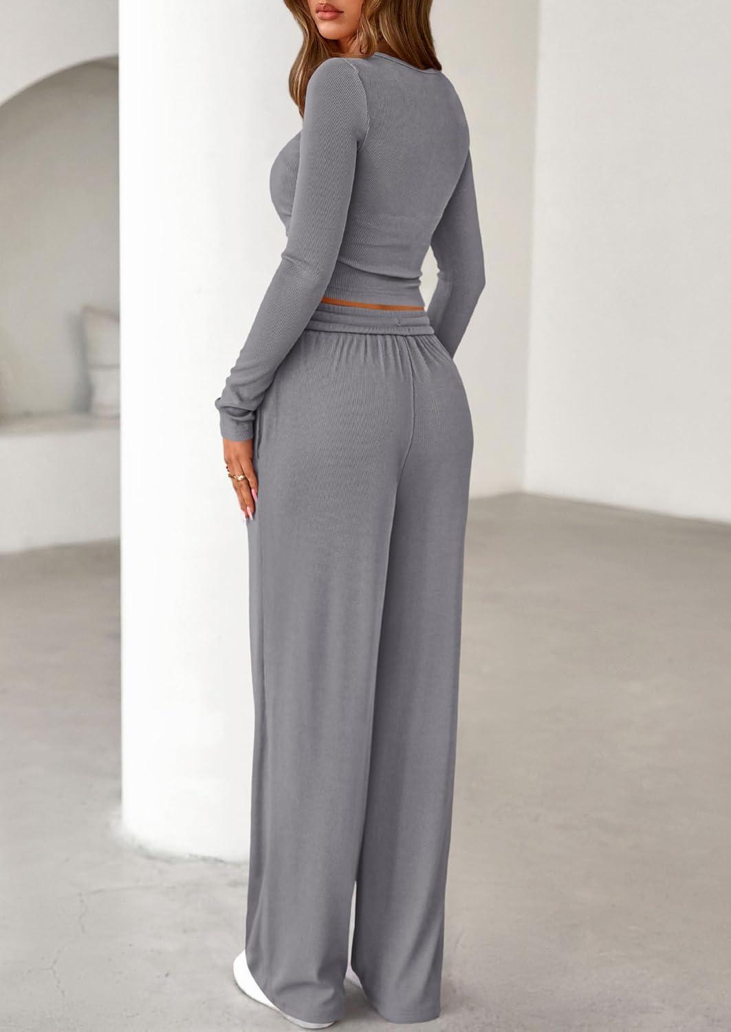 imagePRETTYGARDEN Womens 2026 Fall Trendy 2 Piece Outfits Lounge Sets Long Sleeve Top Henley Shirts Wide Leg Pants Travel ClothesGrey