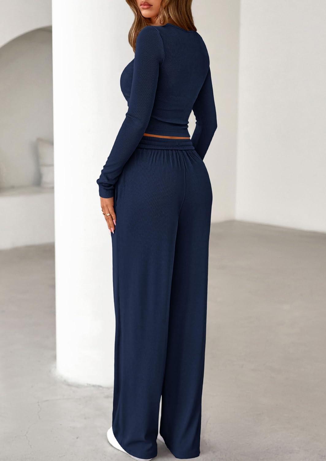 imagePRETTYGARDEN Womens 2026 Fall Trendy 2 Piece Outfits Lounge Sets Long Sleeve Top Henley Shirts Wide Leg Pants Travel ClothesNavy Blue