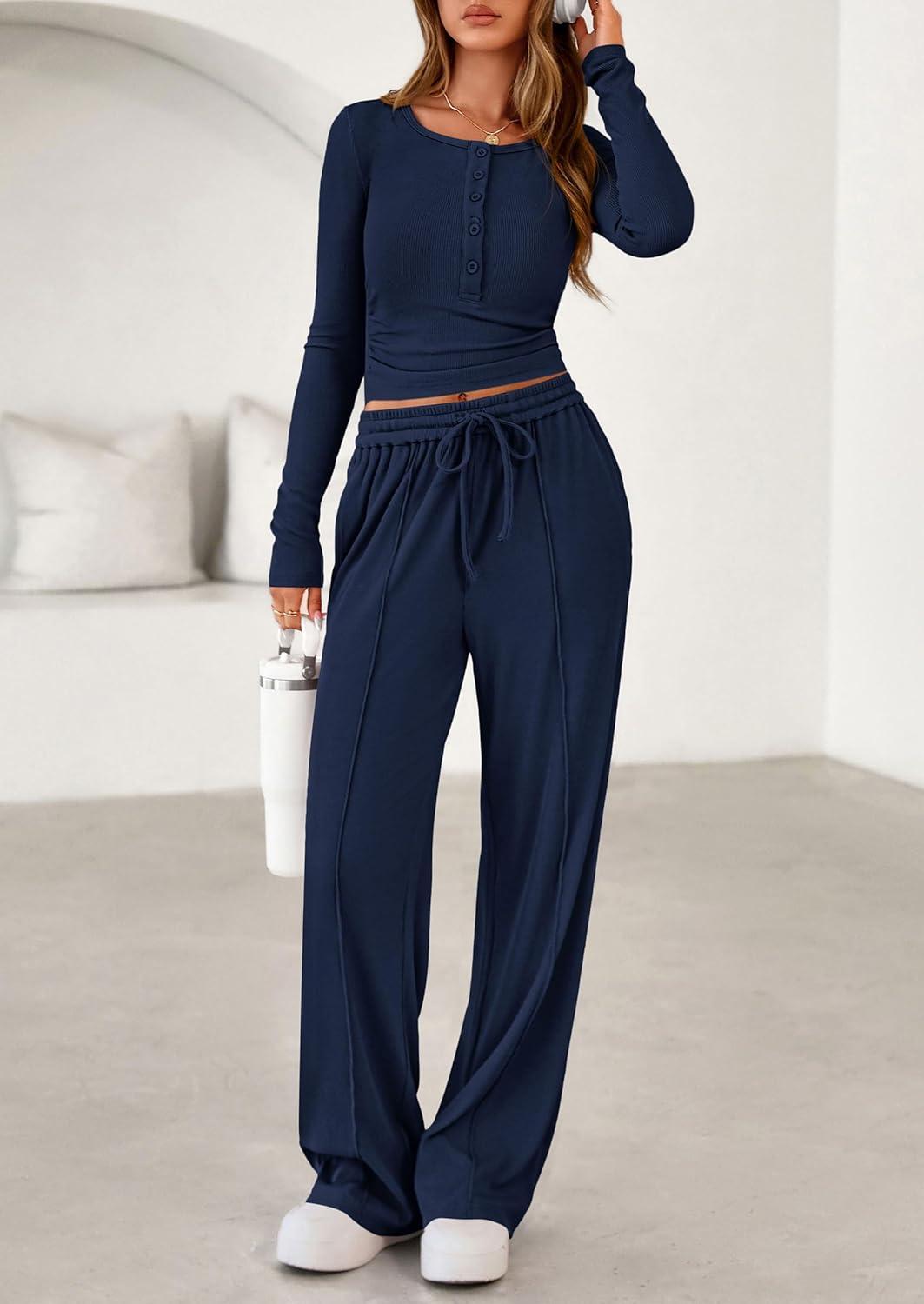 imagePRETTYGARDEN Womens 2026 Fall Trendy 2 Piece Outfits Lounge Sets Long Sleeve Top Henley Shirts Wide Leg Pants Travel ClothesNavy Blue