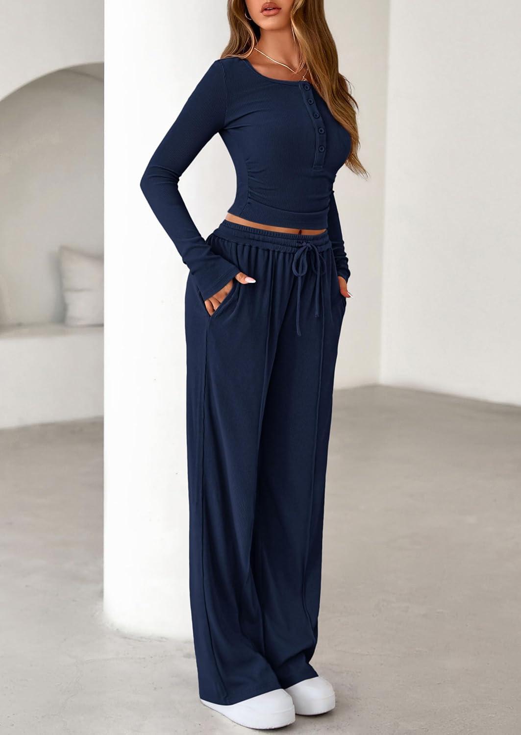 imagePRETTYGARDEN Womens 2026 Fall Trendy 2 Piece Outfits Lounge Sets Long Sleeve Top Henley Shirts Wide Leg Pants Travel ClothesNavy Blue