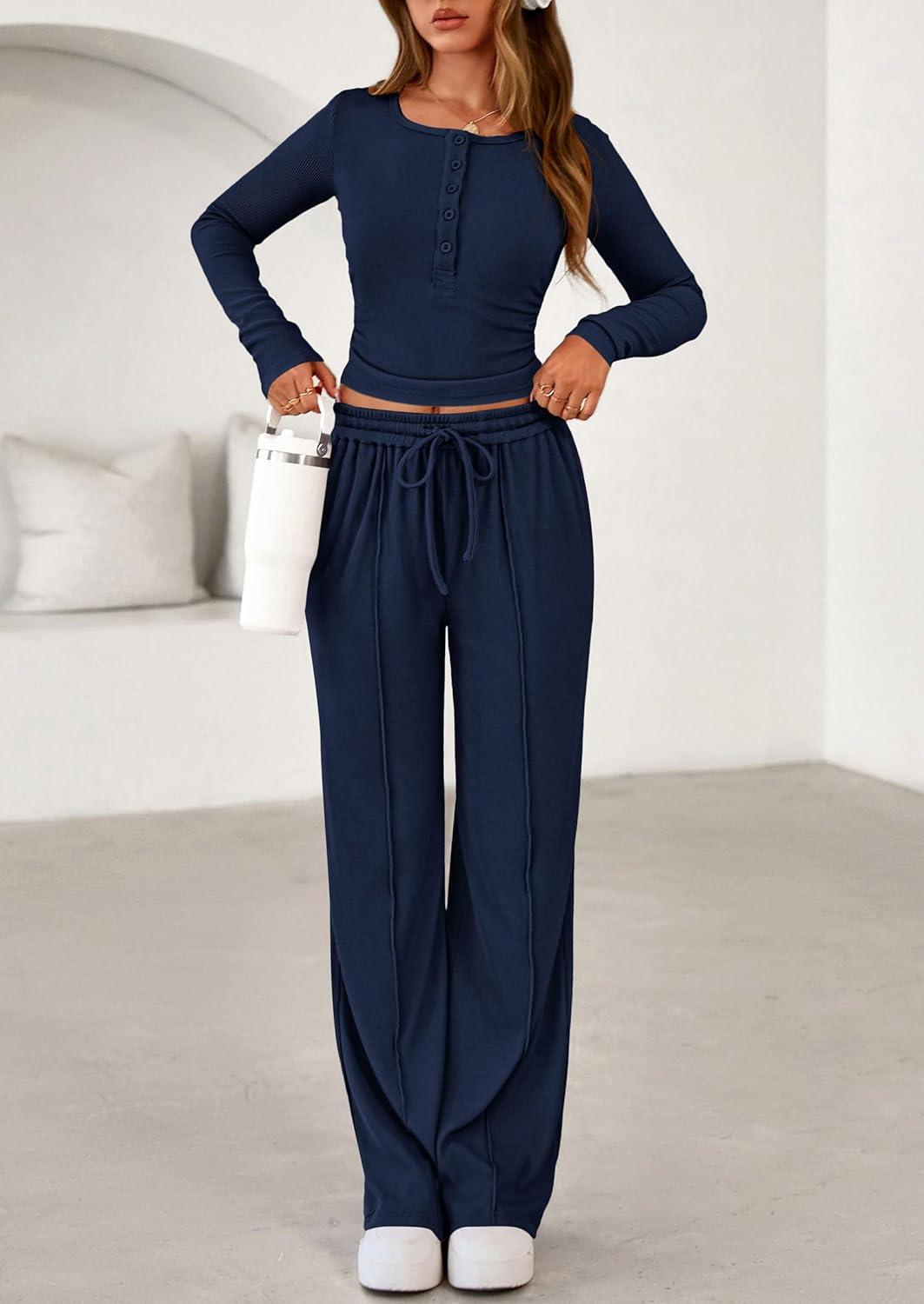 imagePRETTYGARDEN Womens 2026 Fall Trendy 2 Piece Outfits Lounge Sets Long Sleeve Top Henley Shirts Wide Leg Pants Travel ClothesNavy Blue