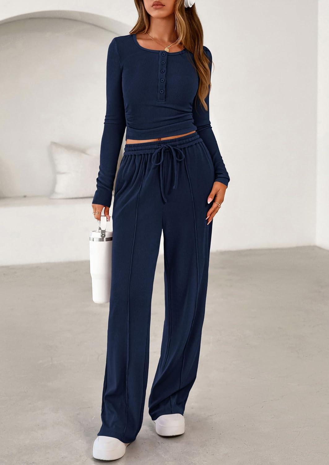 imagePRETTYGARDEN Womens 2026 Fall Trendy 2 Piece Outfits Lounge Sets Long Sleeve Top Henley Shirts Wide Leg Pants Travel ClothesNavy Blue