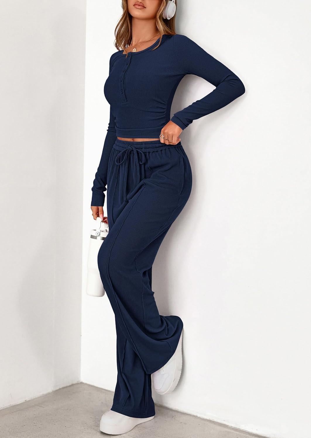 imagePRETTYGARDEN Womens 2026 Fall Trendy 2 Piece Outfits Lounge Sets Long Sleeve Top Henley Shirts Wide Leg Pants Travel ClothesNavy Blue