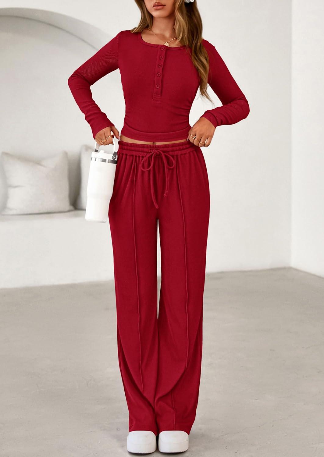 imagePRETTYGARDEN Womens 2026 Fall Trendy 2 Piece Outfits Lounge Sets Long Sleeve Top Henley Shirts Wide Leg Pants Travel ClothesRed