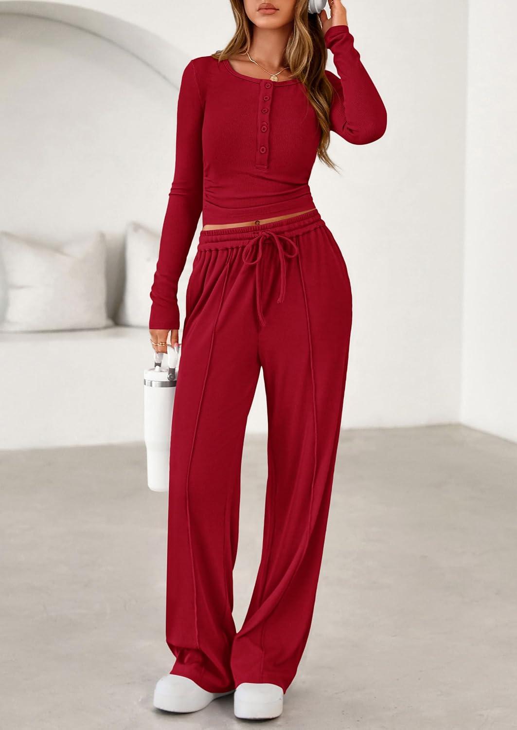 imagePRETTYGARDEN Womens 2026 Fall Trendy 2 Piece Outfits Lounge Sets Long Sleeve Top Henley Shirts Wide Leg Pants Travel ClothesRed