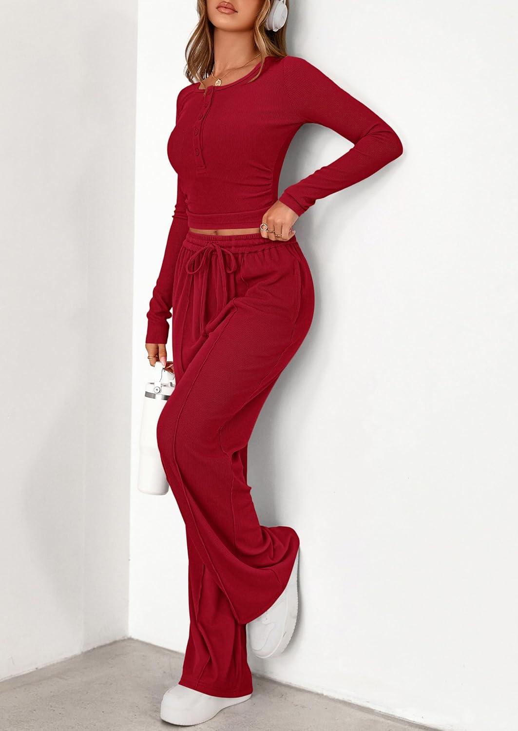 imagePRETTYGARDEN Womens 2026 Fall Trendy 2 Piece Outfits Lounge Sets Long Sleeve Top Henley Shirts Wide Leg Pants Travel ClothesRed