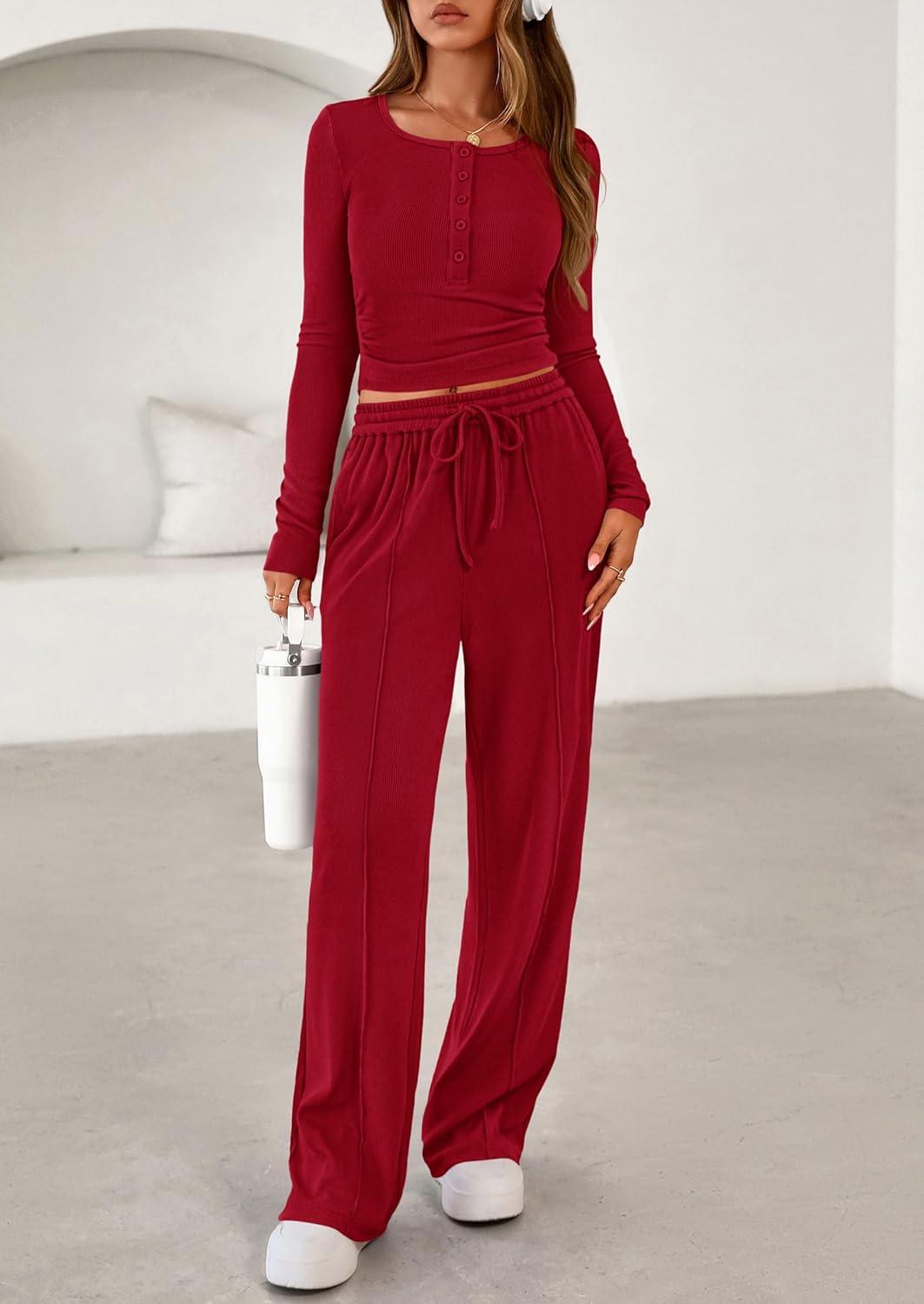 imagePRETTYGARDEN Womens 2026 Fall Trendy 2 Piece Outfits Lounge Sets Long Sleeve Top Henley Shirts Wide Leg Pants Travel ClothesRed
