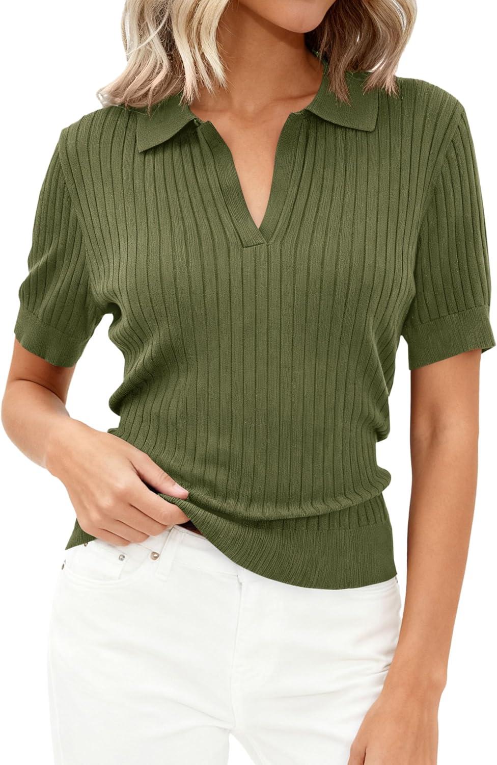 imagePRETTYGARDEN Womens Short Sleeve Sweater 2026 Spring Polo Shirts Ribbed Knit V Neck Business Casual Tops Summer Work ClothesArmy Green