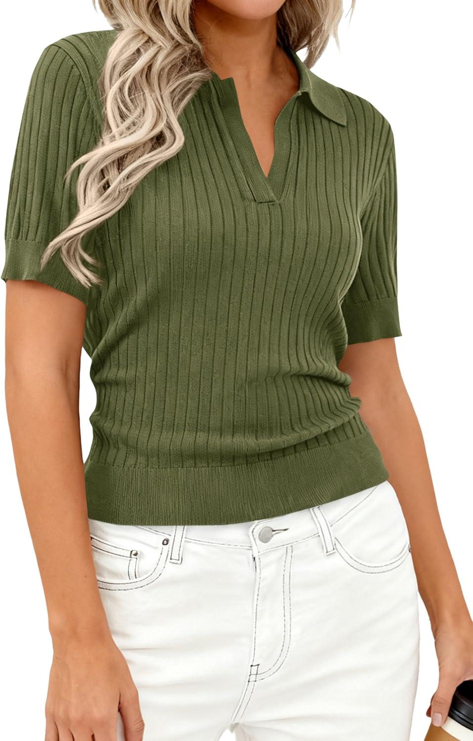 imagePRETTYGARDEN Womens Short Sleeve Sweater 2026 Spring Polo Shirts Ribbed Knit V Neck Business Casual Tops Summer Work ClothesArmy Green