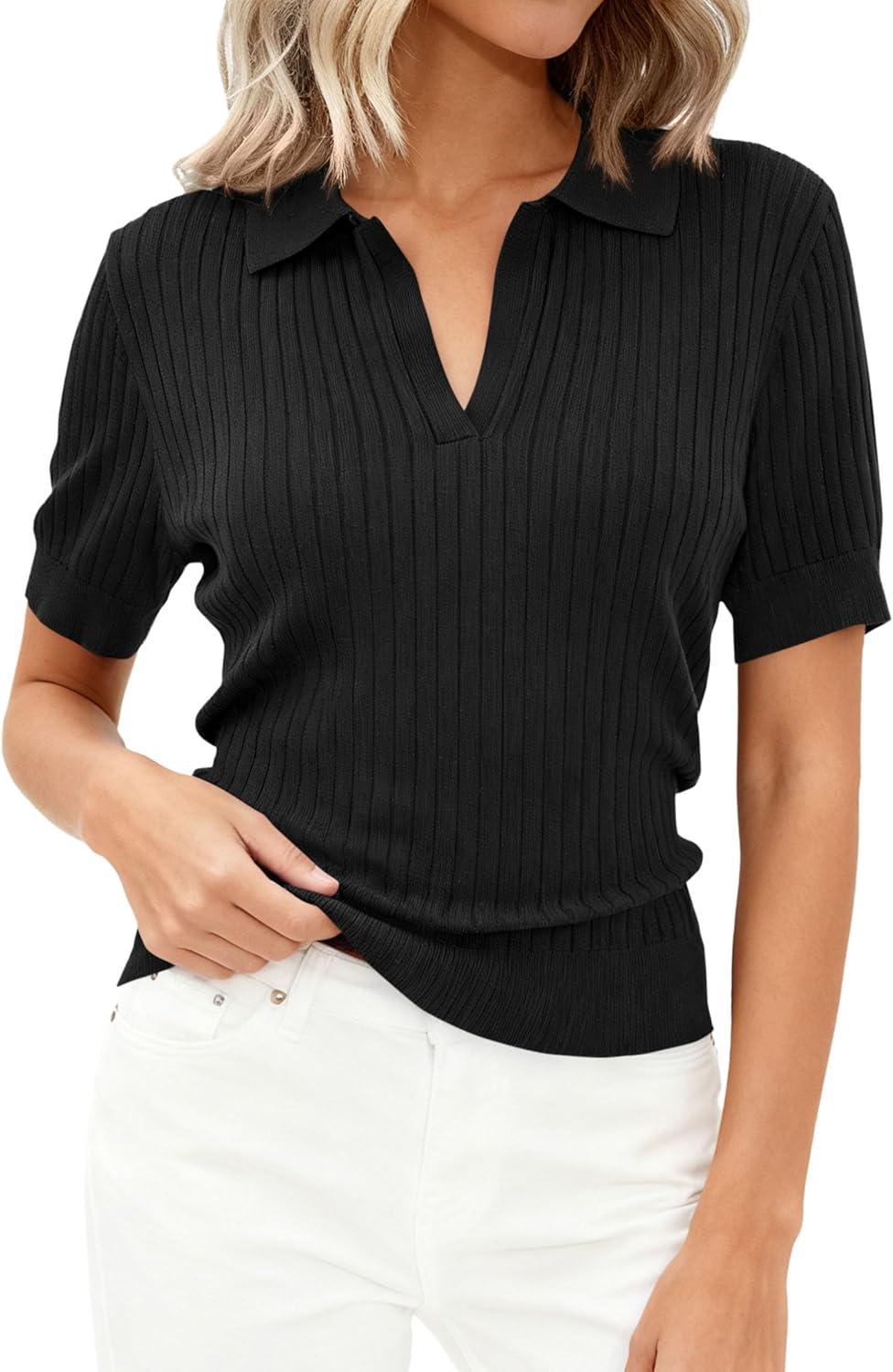 imagePRETTYGARDEN Womens Short Sleeve Sweater 2026 Spring Polo Shirts Ribbed Knit V Neck Business Casual Tops Summer Work ClothesBlack