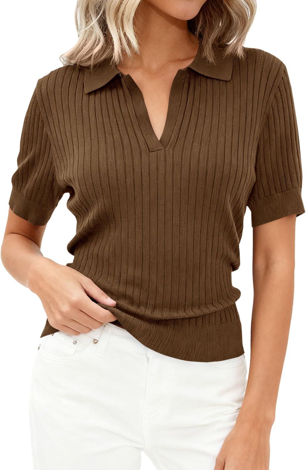 imagePRETTYGARDEN Womens Short Sleeve Sweater 2026 Spring Polo Shirts Ribbed Knit V Neck Business Casual Tops Summer Work ClothesBrown