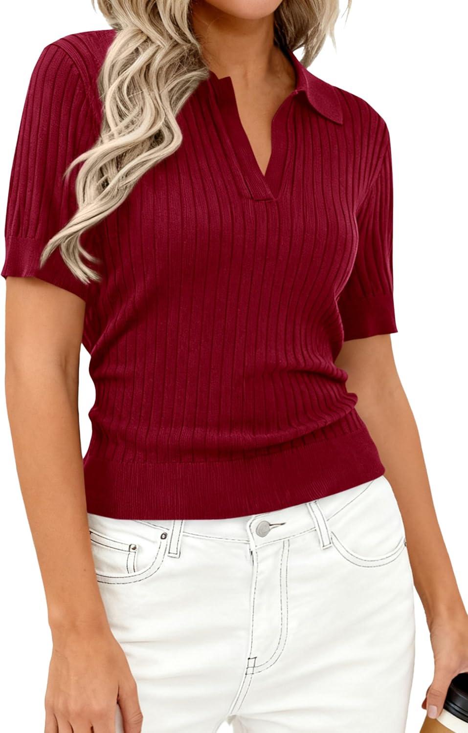 imagePRETTYGARDEN Womens Short Sleeve Sweater 2026 Spring Polo Shirts Ribbed Knit V Neck Business Casual Tops Summer Work ClothesBurgundy