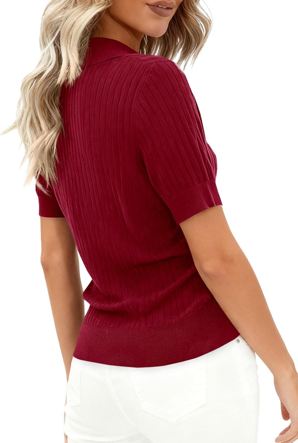 imagePRETTYGARDEN Womens Short Sleeve Sweater 2026 Spring Polo Shirts Ribbed Knit V Neck Business Casual Tops Summer Work ClothesBurgundy