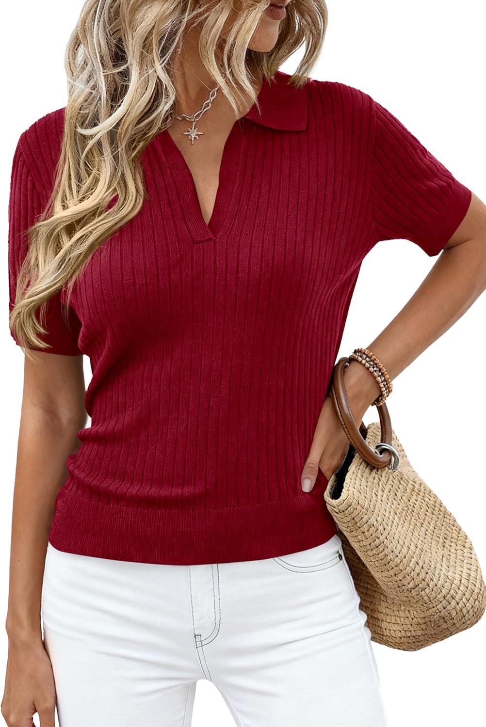 imagePRETTYGARDEN Womens Short Sleeve Sweater 2026 Spring Polo Shirts Ribbed Knit V Neck Business Casual Tops Summer Work ClothesBurgundy