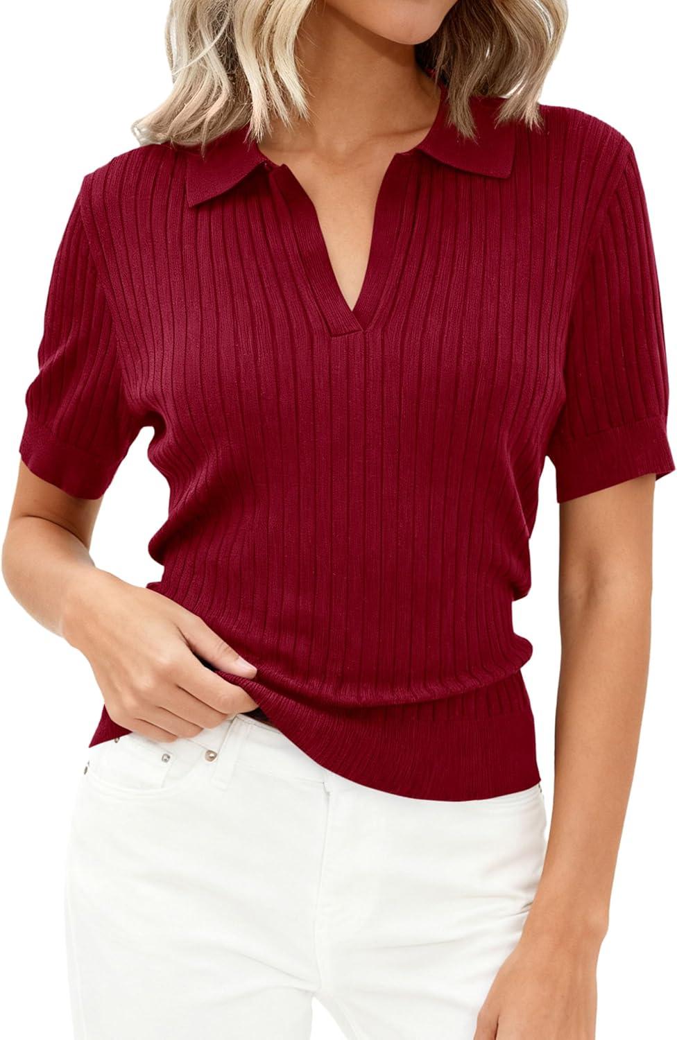 imagePRETTYGARDEN Womens Short Sleeve Sweater 2026 Spring Polo Shirts Ribbed Knit V Neck Business Casual Tops Summer Work ClothesBurgundy