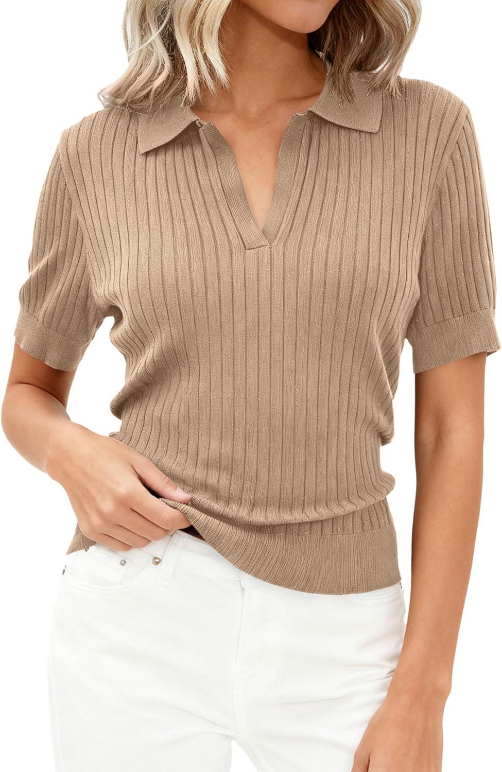 imagePRETTYGARDEN Womens Short Sleeve Sweater 2026 Spring Polo Shirts Ribbed Knit V Neck Business Casual Tops Summer Work ClothesKhaki