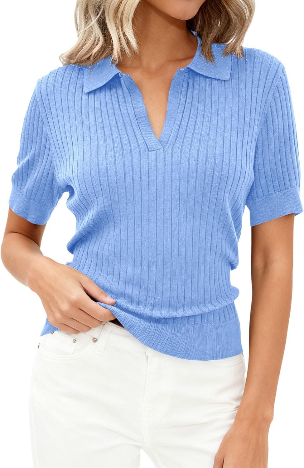 imagePRETTYGARDEN Womens Short Sleeve Sweater 2026 Spring Polo Shirts Ribbed Knit V Neck Business Casual Tops Summer Work ClothesLight Blue