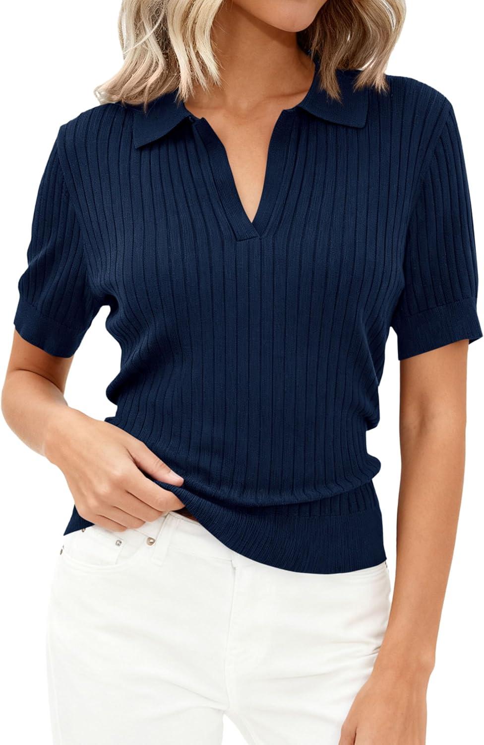 imagePRETTYGARDEN Womens Short Sleeve Sweater 2026 Spring Polo Shirts Ribbed Knit V Neck Business Casual Tops Summer Work ClothesNavy Blue