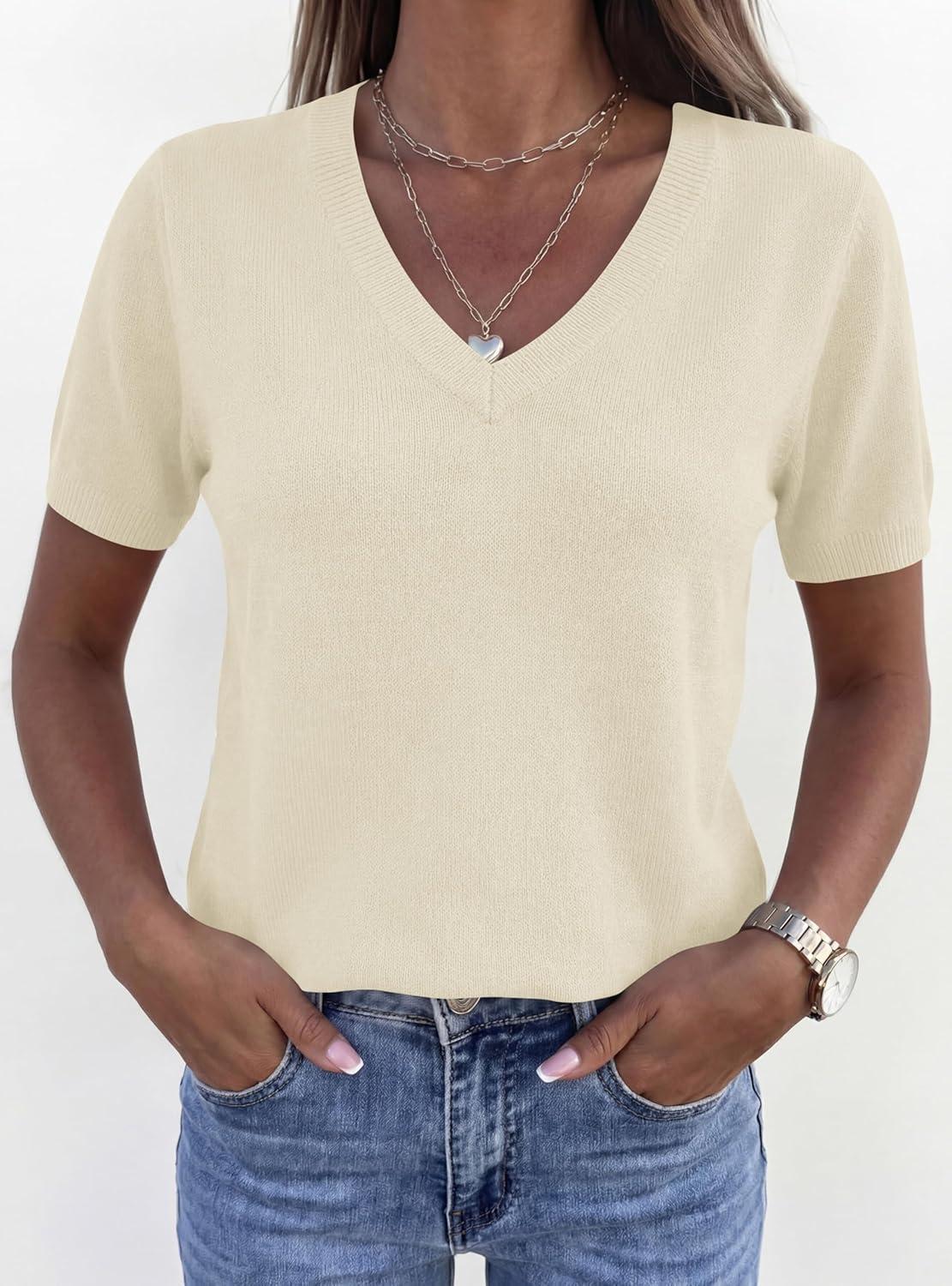 imagePRETTYGARDEN Womens Short Sleeve Sweater V Neck Trendy Pullover Tops 2026 Summer Spring Loose Lightweight Casual BlouseBeige