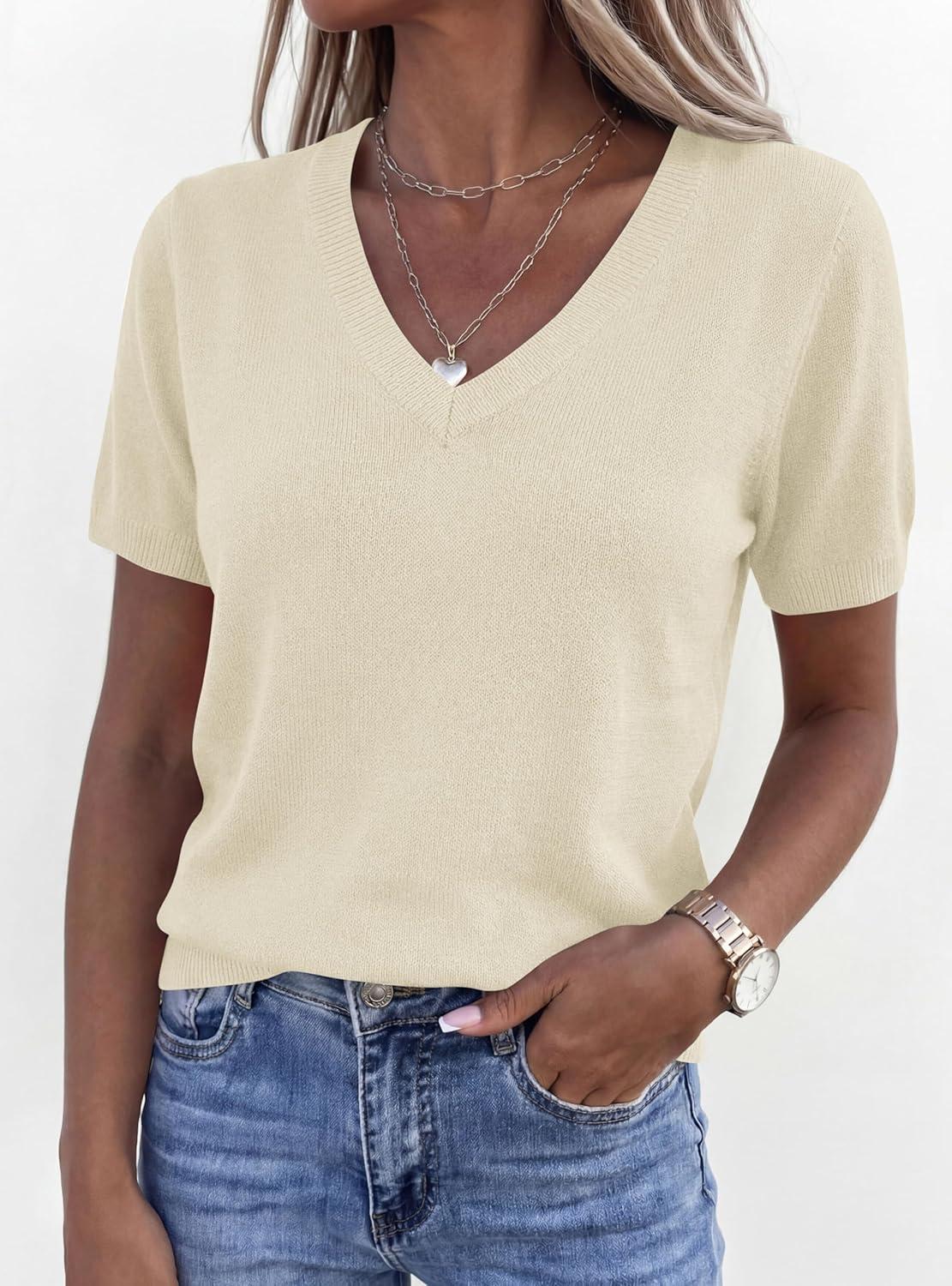 imagePRETTYGARDEN Womens Short Sleeve Sweater V Neck Trendy Pullover Tops 2026 Summer Spring Loose Lightweight Casual BlouseBeige
