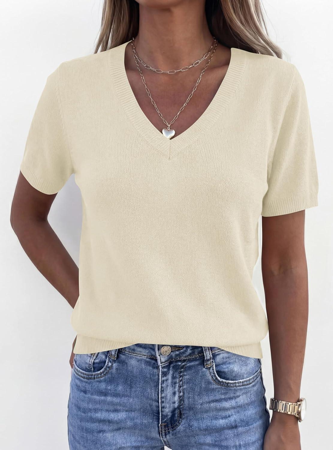 imagePRETTYGARDEN Womens Short Sleeve Sweater V Neck Trendy Pullover Tops 2026 Summer Spring Loose Lightweight Casual BlouseBeige