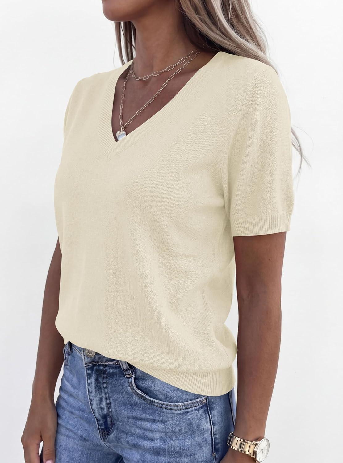 imagePRETTYGARDEN Womens Short Sleeve Sweater V Neck Trendy Pullover Tops 2026 Summer Spring Loose Lightweight Casual BlouseBeige