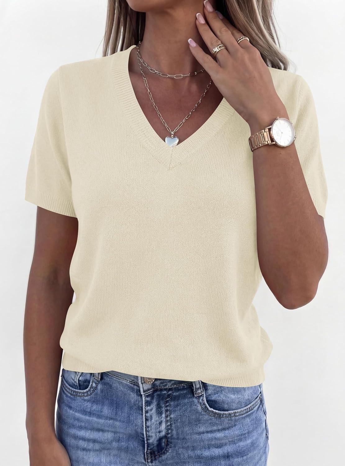imagePRETTYGARDEN Womens Short Sleeve Sweater V Neck Trendy Pullover Tops 2026 Summer Spring Loose Lightweight Casual BlouseBeige