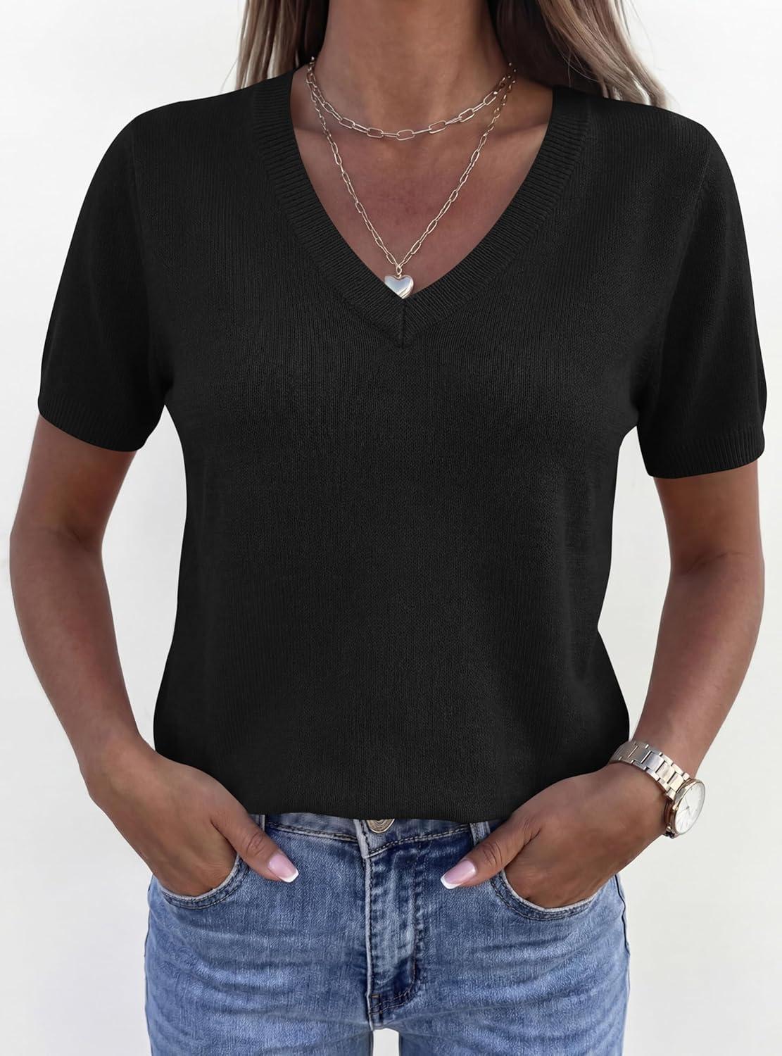 imagePRETTYGARDEN Womens Short Sleeve Sweater V Neck Trendy Pullover Tops 2026 Summer Spring Loose Lightweight Casual BlouseBlack