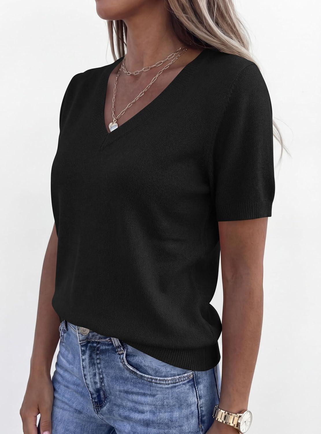 imagePRETTYGARDEN Womens Short Sleeve Sweater V Neck Trendy Pullover Tops 2026 Summer Spring Loose Lightweight Casual BlouseBlack