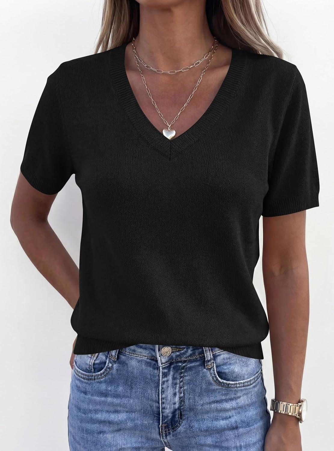 imagePRETTYGARDEN Womens Short Sleeve Sweater V Neck Trendy Pullover Tops 2026 Summer Spring Loose Lightweight Casual BlouseBlack