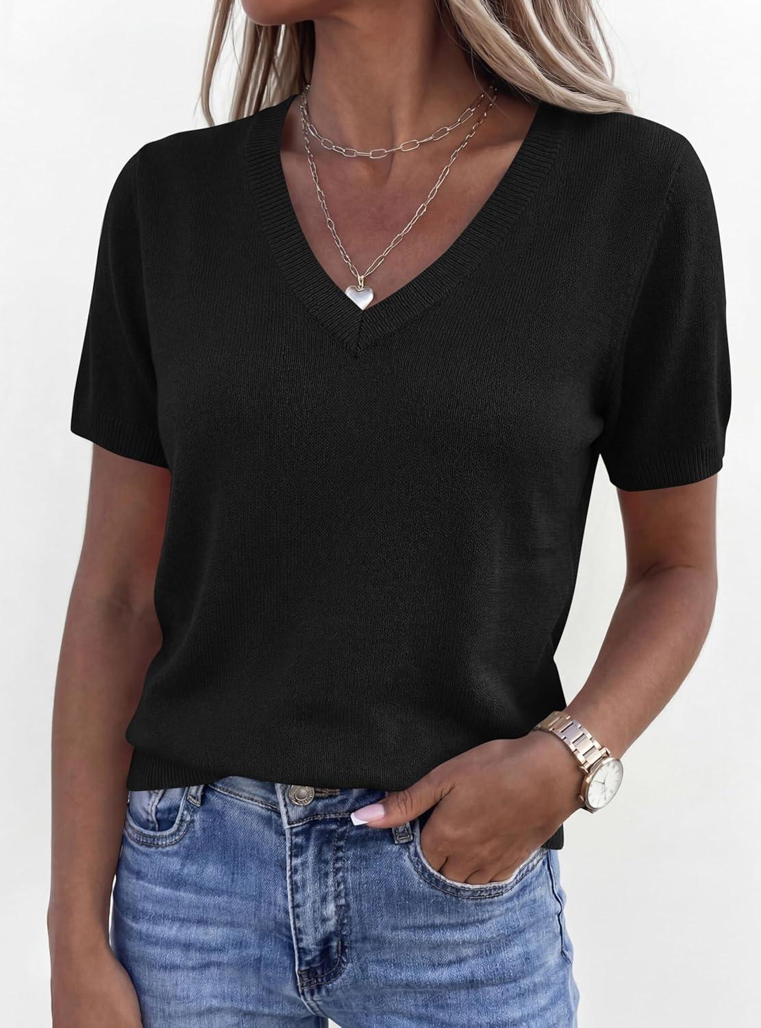 imagePRETTYGARDEN Womens Short Sleeve Sweater V Neck Trendy Pullover Tops 2026 Summer Spring Loose Lightweight Casual BlouseBlack