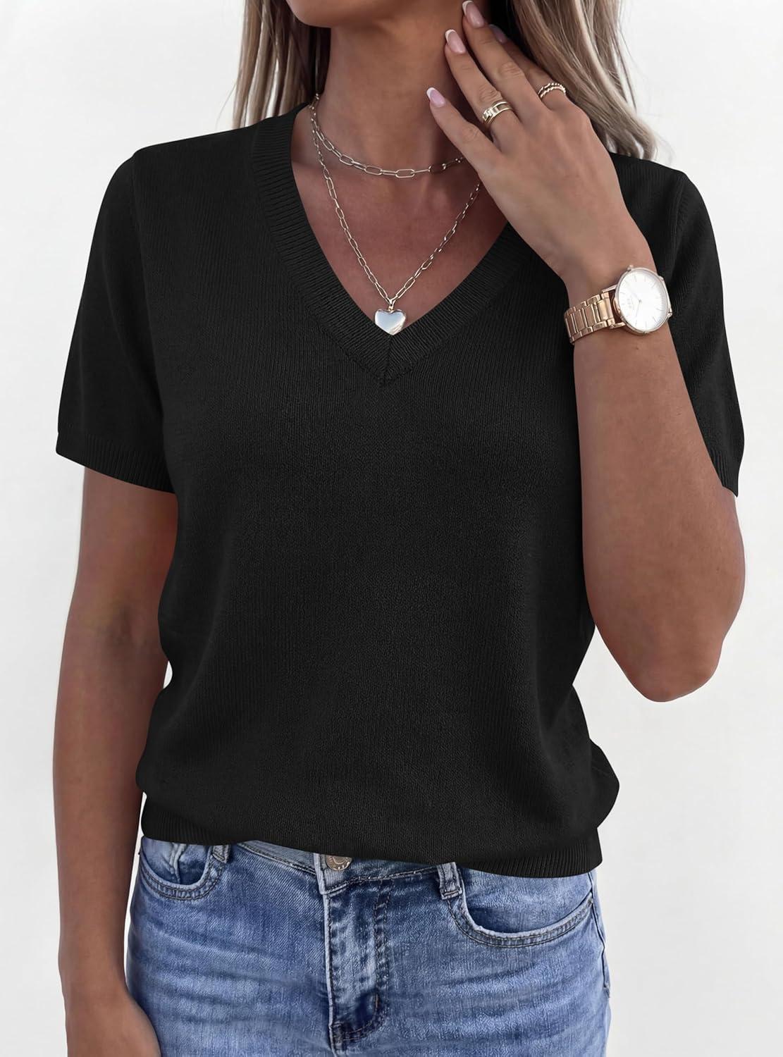 imagePRETTYGARDEN Womens Short Sleeve Sweater V Neck Trendy Pullover Tops 2026 Summer Spring Loose Lightweight Casual BlouseBlack