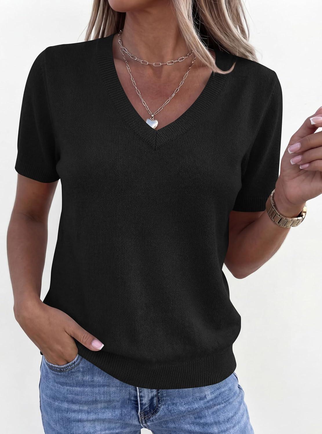imagePRETTYGARDEN Womens Short Sleeve Sweater V Neck Trendy Pullover Tops 2026 Summer Spring Loose Lightweight Casual BlouseBlack