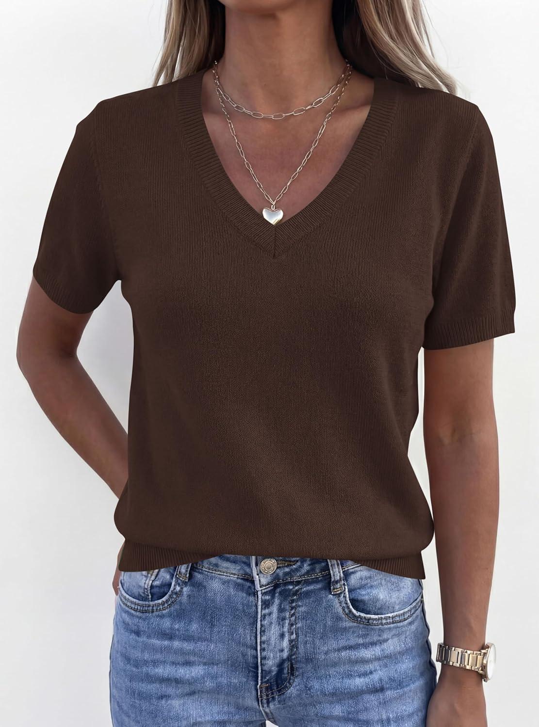imagePRETTYGARDEN Womens Short Sleeve Sweater V Neck Trendy Pullover Tops 2026 Summer Spring Loose Lightweight Casual BlouseBrown