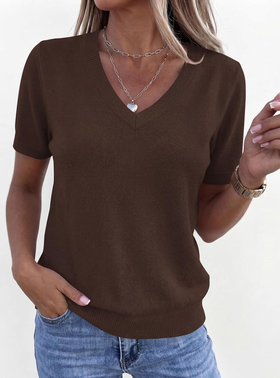 imagePRETTYGARDEN Womens Short Sleeve Sweater V Neck Trendy Pullover Tops 2026 Summer Spring Loose Lightweight Casual BlouseBrown