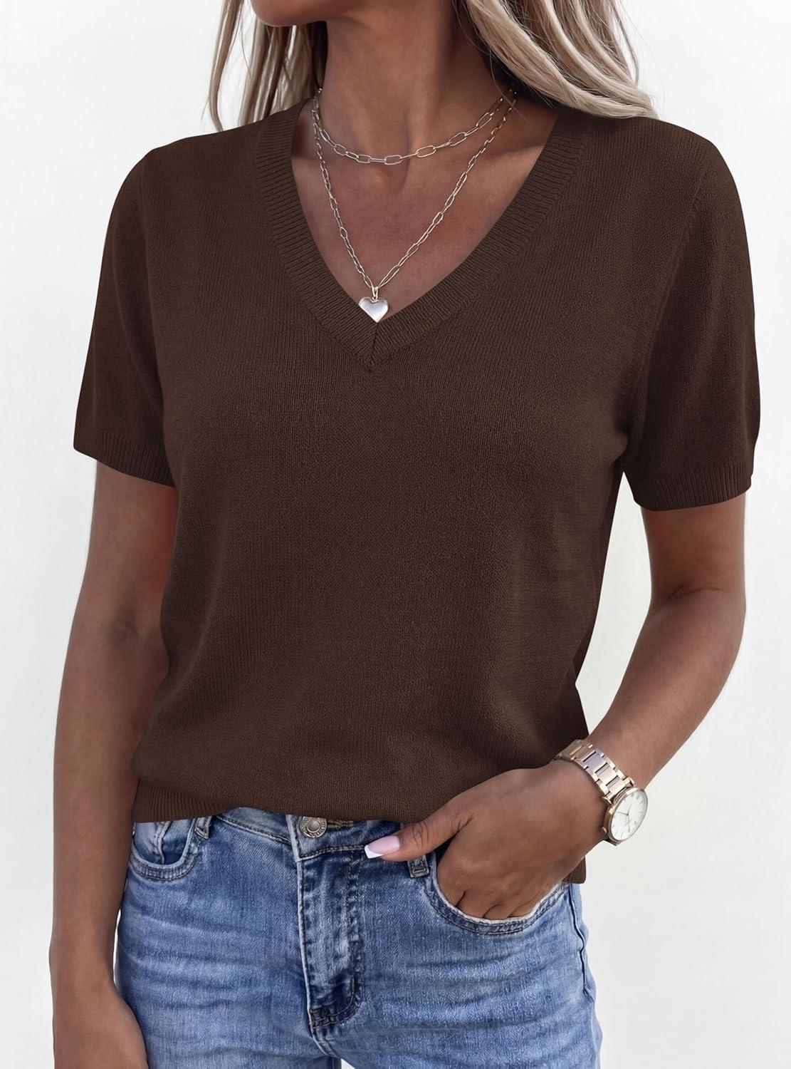 imagePRETTYGARDEN Womens Short Sleeve Sweater V Neck Trendy Pullover Tops 2026 Summer Spring Loose Lightweight Casual BlouseBrown