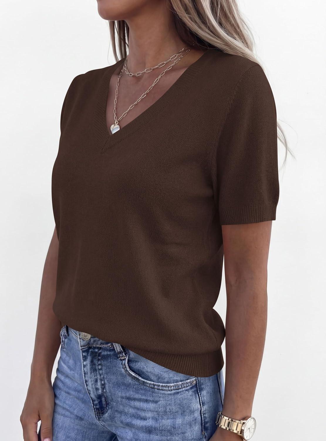 imagePRETTYGARDEN Womens Short Sleeve Sweater V Neck Trendy Pullover Tops 2026 Summer Spring Loose Lightweight Casual BlouseBrown