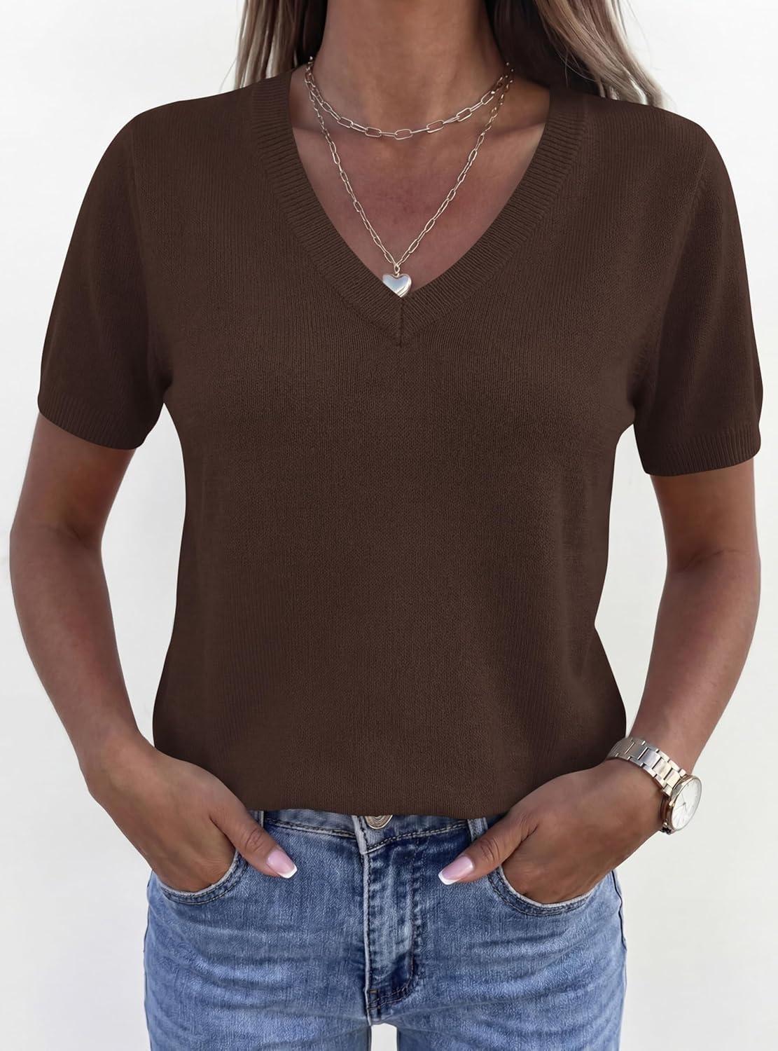 imagePRETTYGARDEN Womens Short Sleeve Sweater V Neck Trendy Pullover Tops 2026 Summer Spring Loose Lightweight Casual BlouseBrown