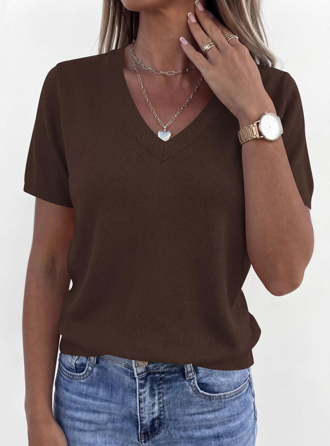 imagePRETTYGARDEN Womens Short Sleeve Sweater V Neck Trendy Pullover Tops 2026 Summer Spring Loose Lightweight Casual BlouseBrown