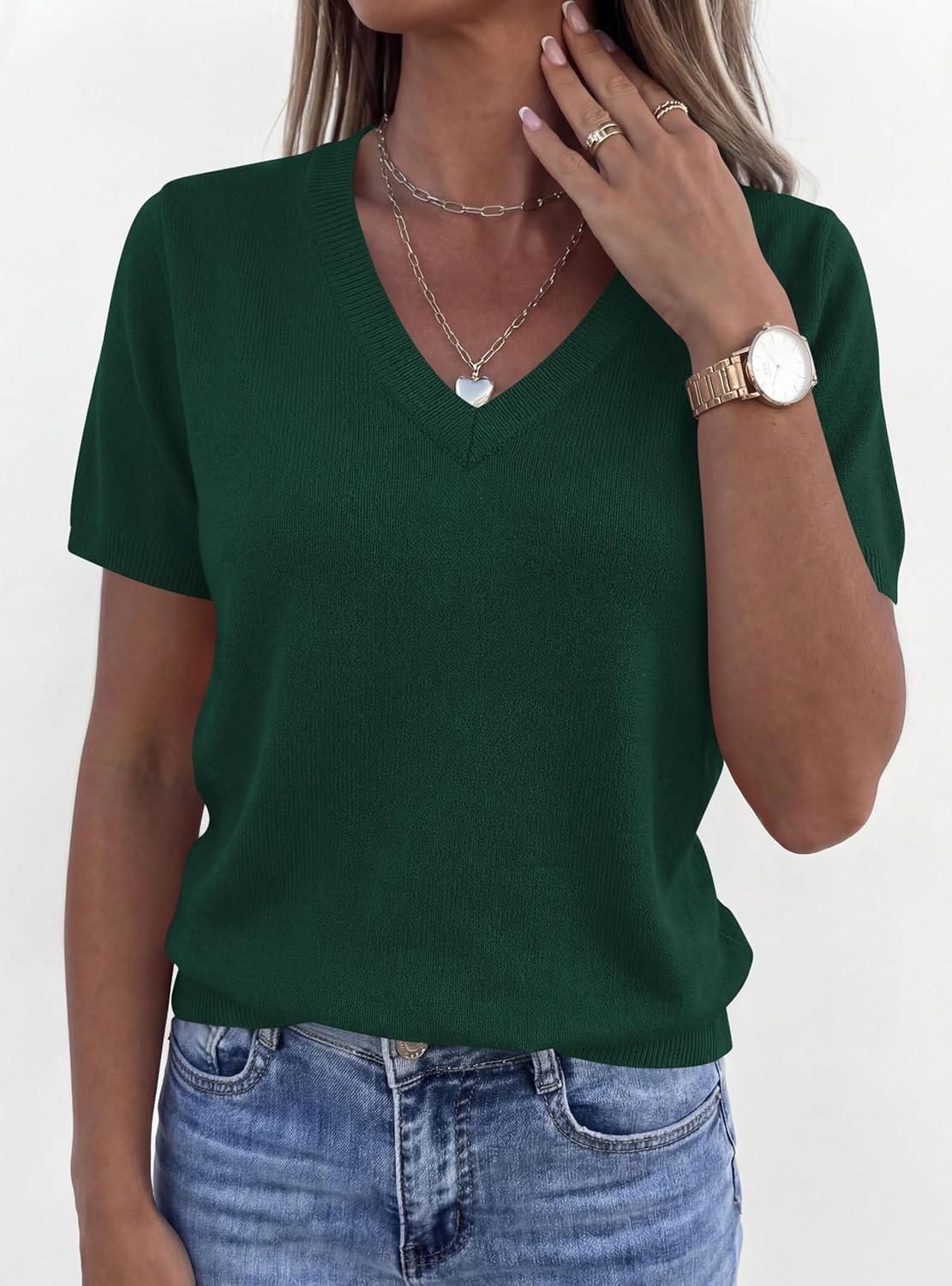 imagePRETTYGARDEN Womens Short Sleeve Sweater V Neck Trendy Pullover Tops 2026 Summer Spring Loose Lightweight Casual BlouseDark Green