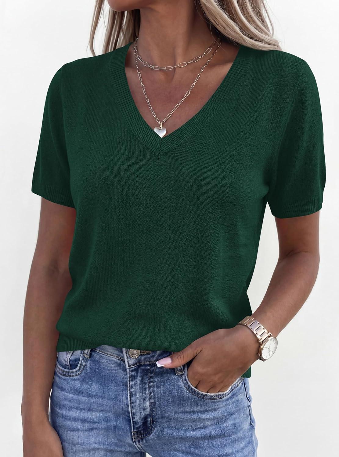 imagePRETTYGARDEN Womens Short Sleeve Sweater V Neck Trendy Pullover Tops 2026 Summer Spring Loose Lightweight Casual BlouseDark Green