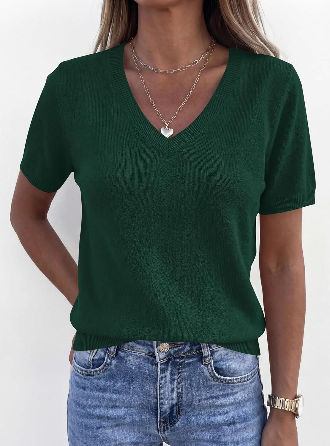 imagePRETTYGARDEN Womens Short Sleeve Sweater V Neck Trendy Pullover Tops 2026 Summer Spring Loose Lightweight Casual BlouseDark Green