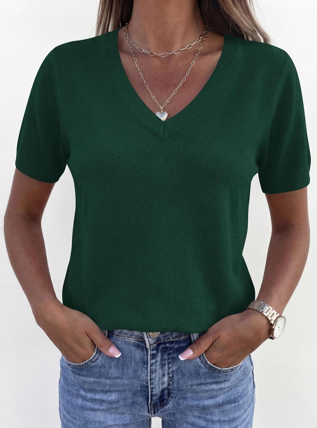 imagePRETTYGARDEN Womens Short Sleeve Sweater V Neck Trendy Pullover Tops 2026 Summer Spring Loose Lightweight Casual BlouseDark Green