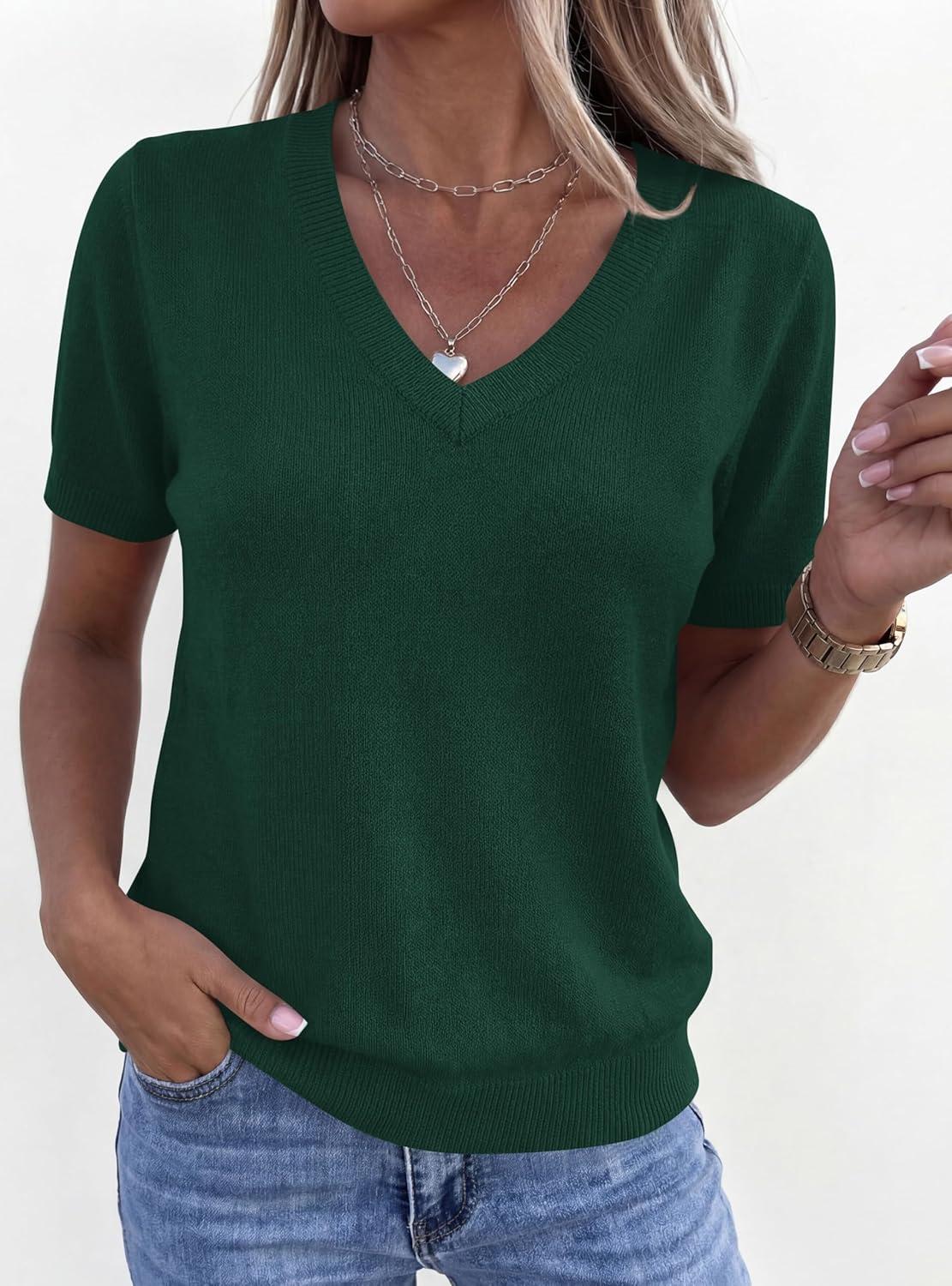 imagePRETTYGARDEN Womens Short Sleeve Sweater V Neck Trendy Pullover Tops 2026 Summer Spring Loose Lightweight Casual BlouseDark Green