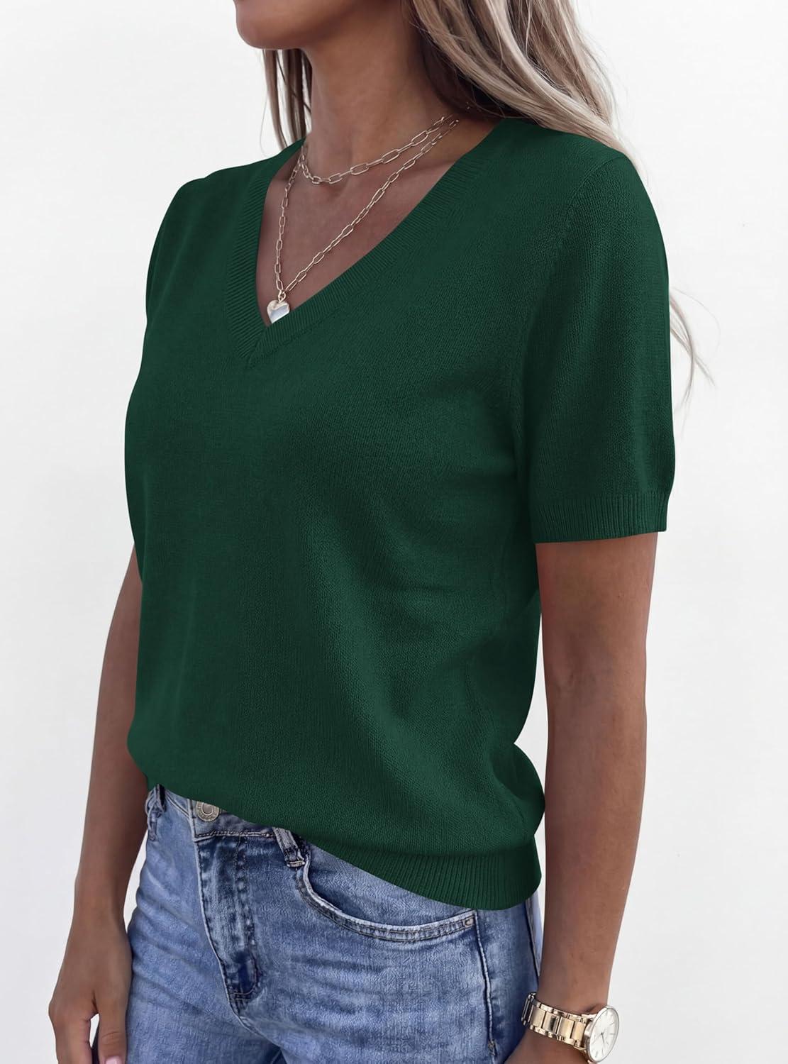 imagePRETTYGARDEN Womens Short Sleeve Sweater V Neck Trendy Pullover Tops 2026 Summer Spring Loose Lightweight Casual BlouseDark Green