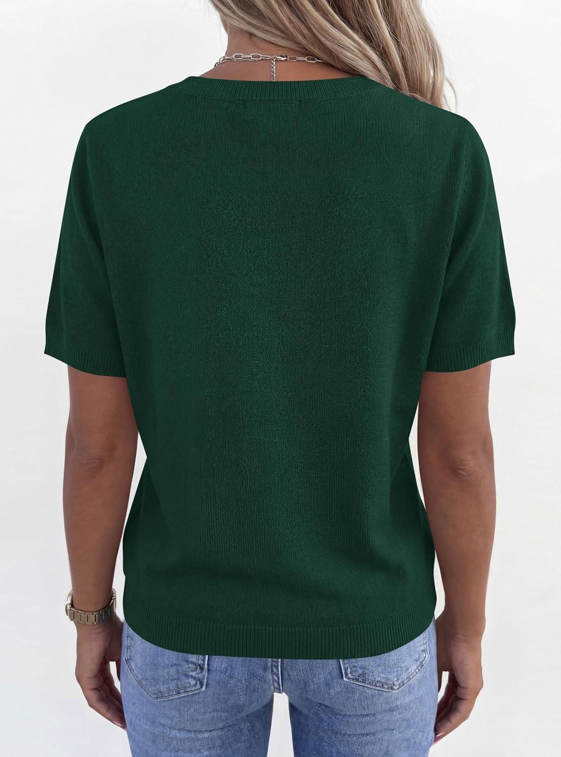 imagePRETTYGARDEN Womens Short Sleeve Sweater V Neck Trendy Pullover Tops 2026 Summer Spring Loose Lightweight Casual BlouseDark Green